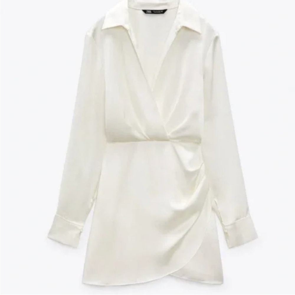 Zara White Satin Long Sleeve Dress Size Small